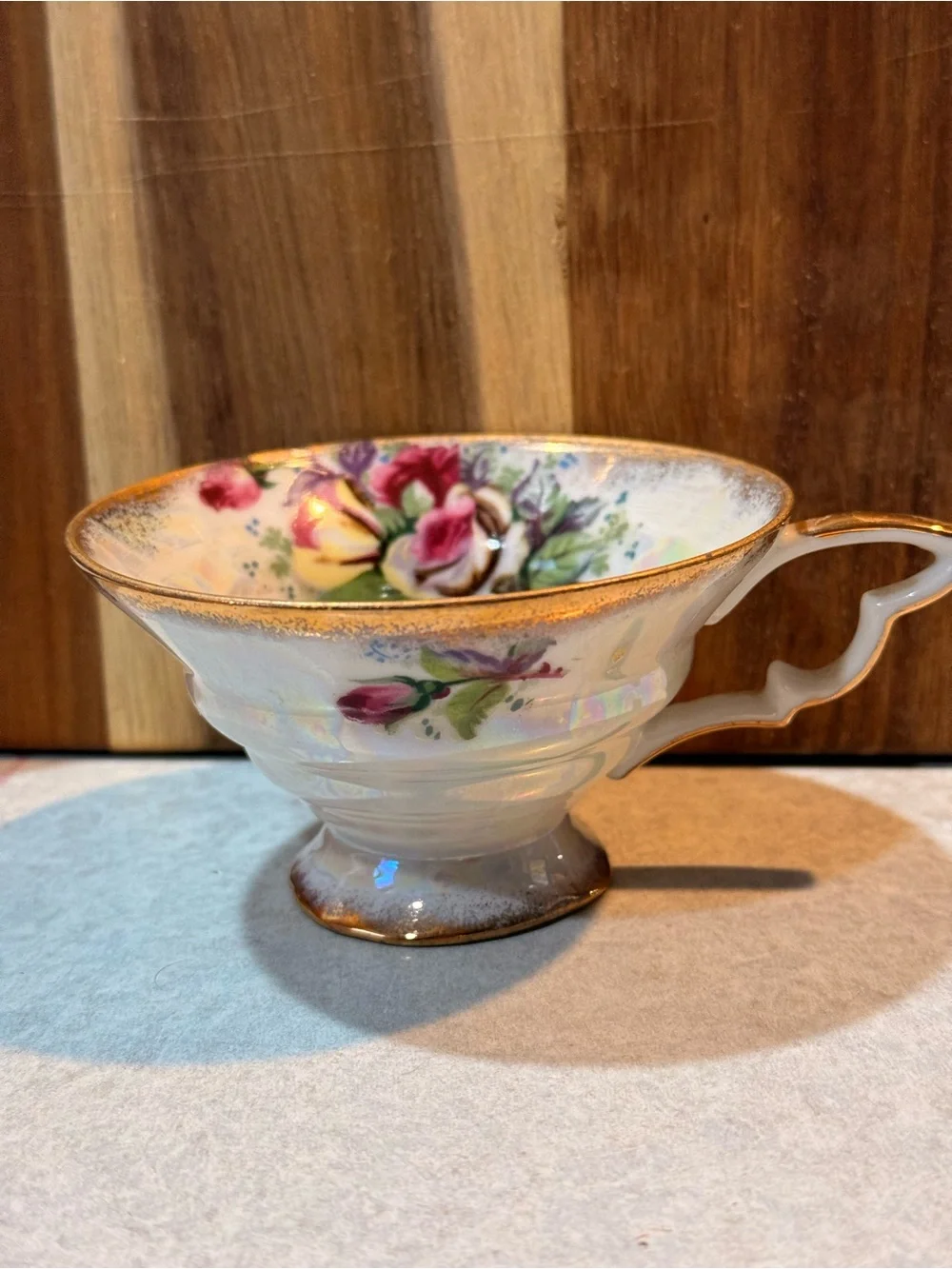 Vintage Floral Porcelain Tea Cup with Gold Trim - White Pink Green
